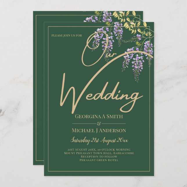 Invitación LeahG Green Purple WISTERIA Wedding INVITE (Anverso / Reverso)