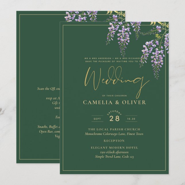 Invitación LeahG Green Purple WISTERIA Wedding INVITE (Anverso / Reverso)