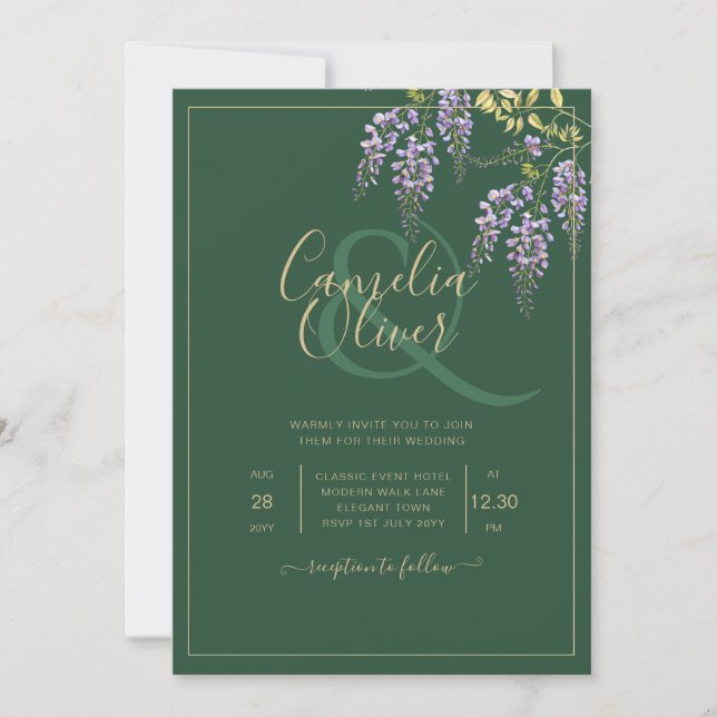 Invitación LeahG Green Purple WISTERIA Wedding INVITE (Anverso)