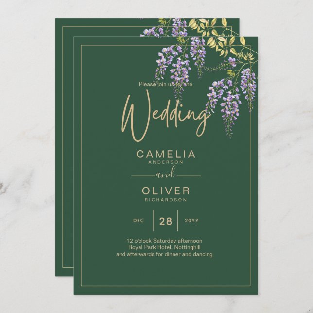 Invitación LeahG Green Purple WISTERIA Wedding INVITE (Anverso / Reverso)