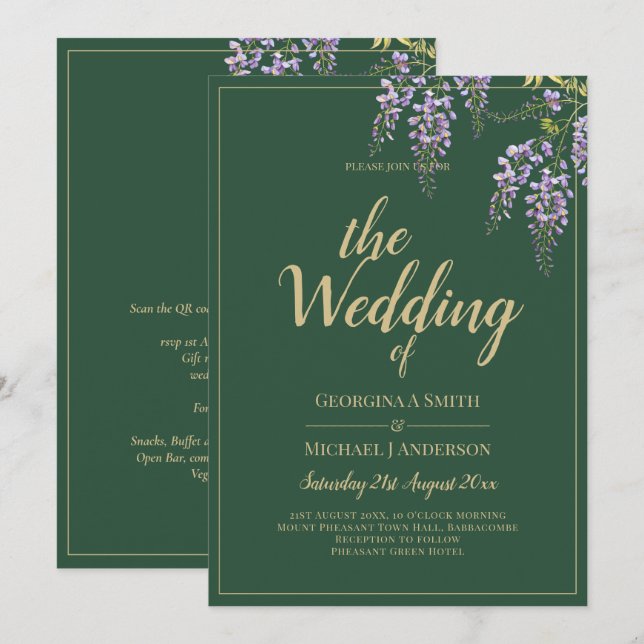 Invitación LeahG Green Purple WISTERIA Wedding INVITE (Anverso / Reverso)
