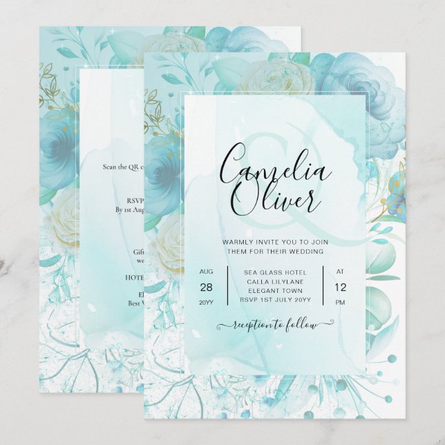 Invitación LeahG INK Sea Glass Turquoise Aqua Resumen INVITE (Anverso / Reverso)