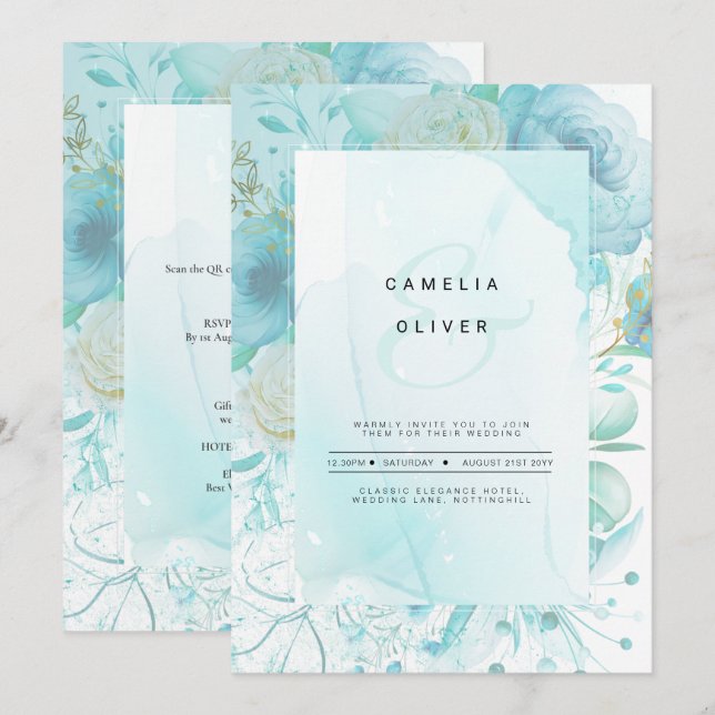 Invitación LeahG INK Sea Glass Turquoise Aqua Resumen INVITE (Anverso / Reverso)