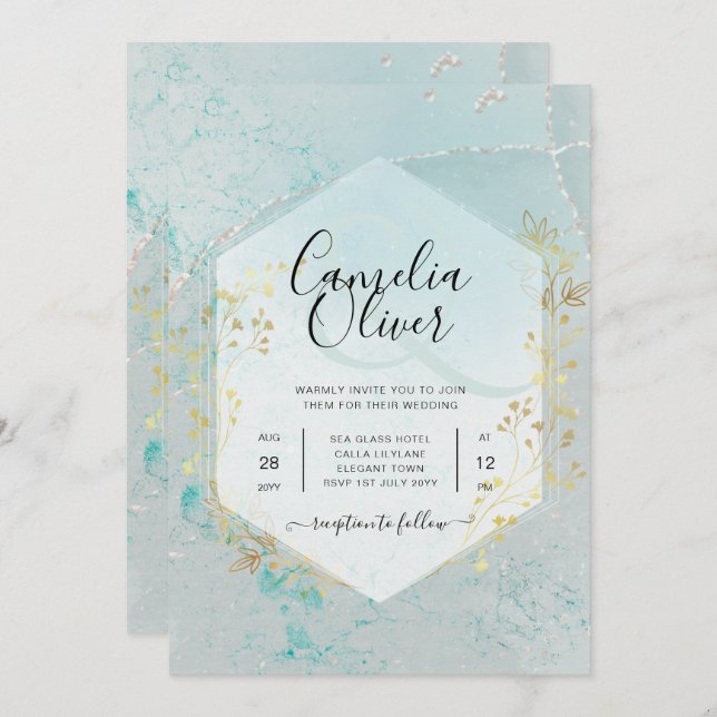 Invitación LeahG INK Sea Glass Turquoise Gold Aqua INVITE (Anverso / Reverso)