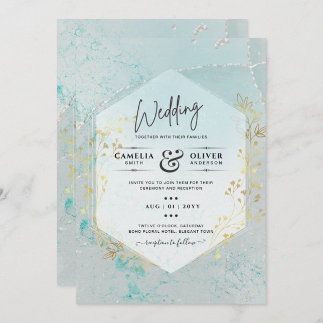 Invitación LeahG INK Sea Glass Turquoise Gold Aqua INVITE (Anverso / Reverso)