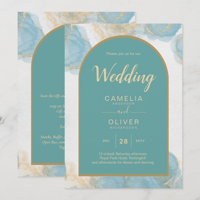 Invitación LeahG INVITE DE Oro Verde azulado de Vidrio de Mar (Anverso / Reverso)