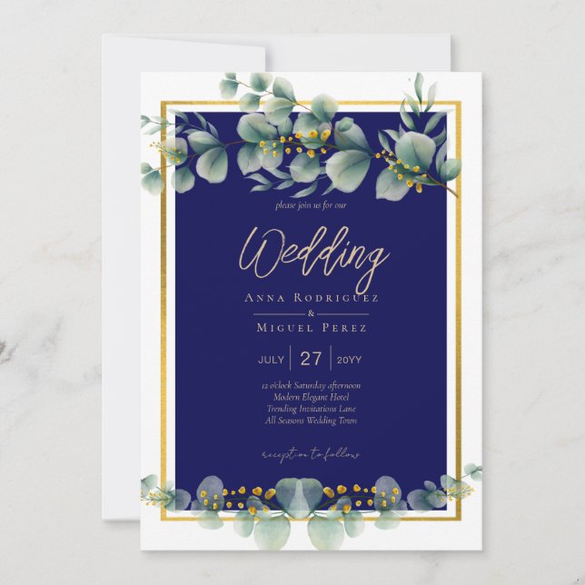 Invitación LeahG NAVY AZUL GOLD Greenery Eucalyptus Boda (Anverso)