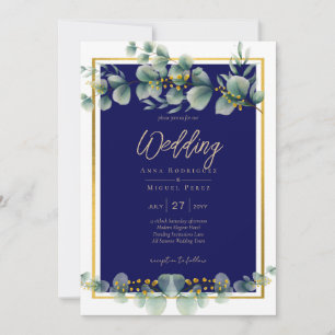 Invitación LeahG NAVY AZUL GOLD Greenery Eucalyptus Boda