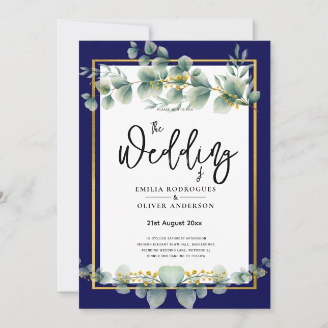 Invitación LeahG NAVY AZUL GOLD Greenery Eucalyptus Boda (Anverso)