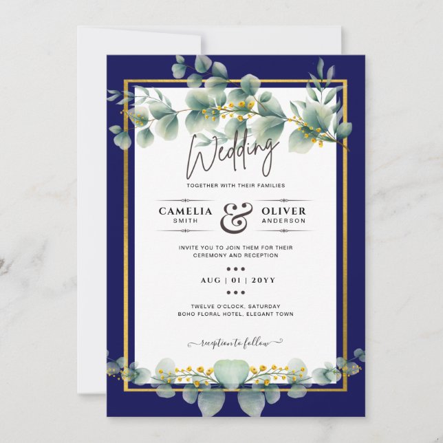 Invitación LeahG NAVY AZUL GOLD Greenery Eucalyptus Boda (Anverso)