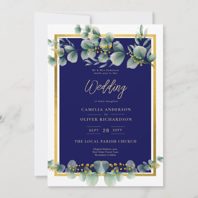 Invitación LeahG NAVY AZUL GOLD Greenery Eucalyptus Boda (Anverso)