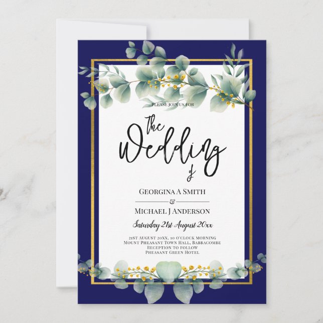 Invitación LeahG NAVY AZUL GOLD Greenery Eucalyptus Boda (Anverso)