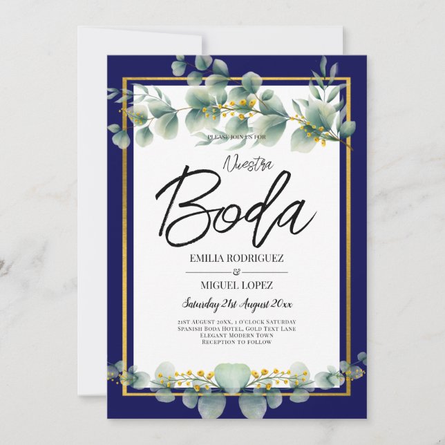 Invitación LeahG NAVY AZUL GOLD Greenery Eucalyptus Boda (Anverso)