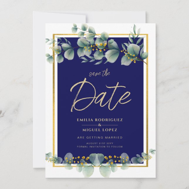 Invitación LeahG NAVY AZUL GOLD Greenery Eucalyptus Boda (Anverso)