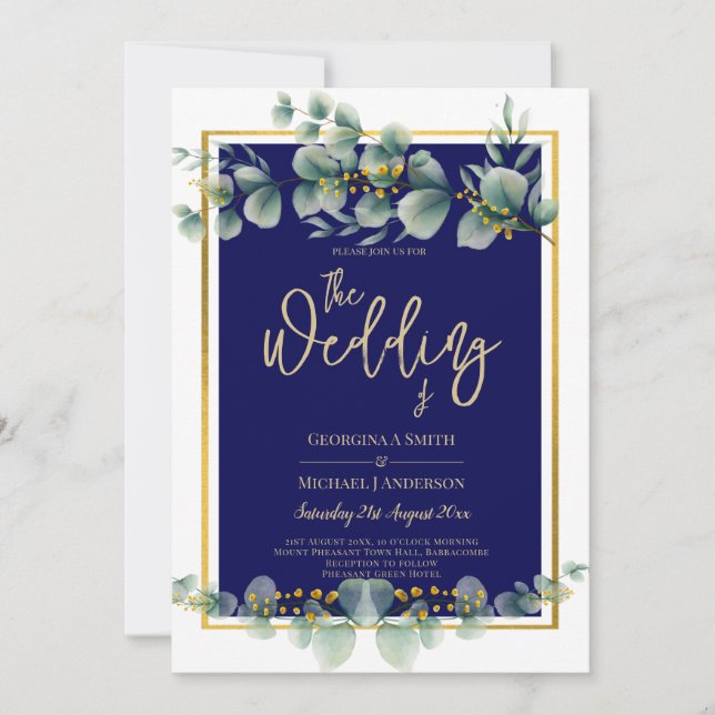 Invitación LeahG NAVY AZUL GOLD Greenery Eucalyptus Boda (Anverso)