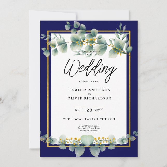 Invitación LeahG NAVY AZUL GOLD Greenery Eucalyptus Boda (Anverso)