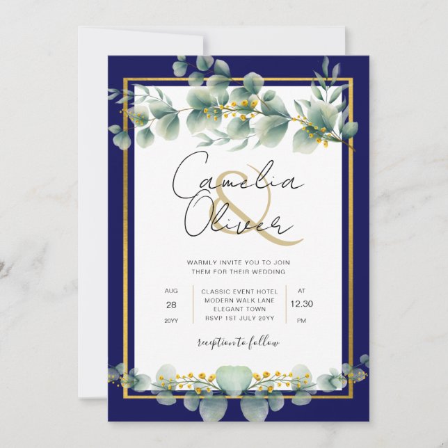 Invitación LeahG NAVY AZUL GOLD Greenery Eucalyptus Boda (Anverso)