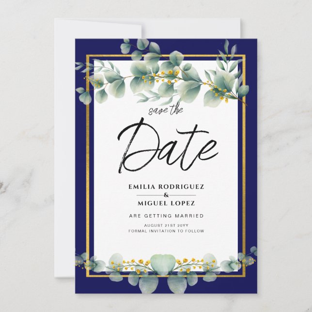 Invitación LeahG NAVY AZUL GOLD Greenery Eucalyptus Boda (Anverso)