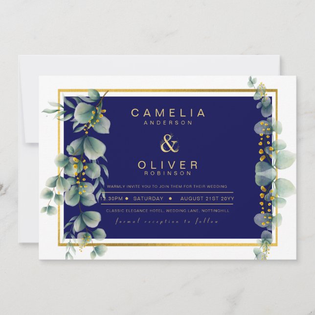 Invitación LeahG NAVY AZUL GOLD Greenery Eucalyptus Boda (Anverso)