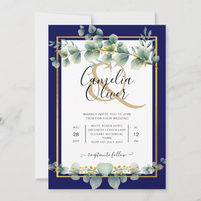 Invitación LeahG NAVY AZUL GOLD Greenery Eucalyptus Boda (Anverso)