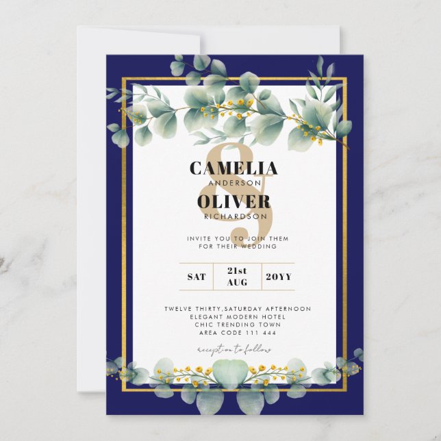 Invitación LeahG NAVY AZUL GOLD Greenery Eucalyptus Boda (Anverso)