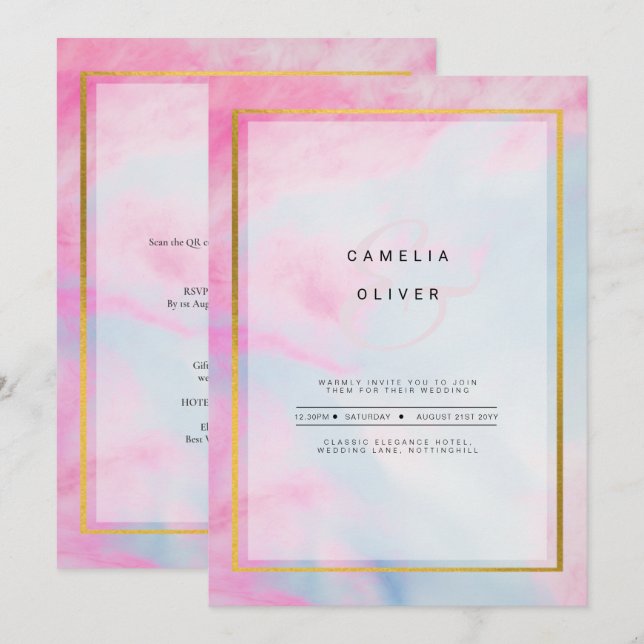 Invitación LeahG Pink Aqua Blue Gold INVITE (Anverso / Reverso)