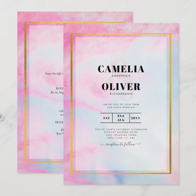 Invitación LeahG Pink Aqua Blue Gold INVITE (Anverso / Reverso)