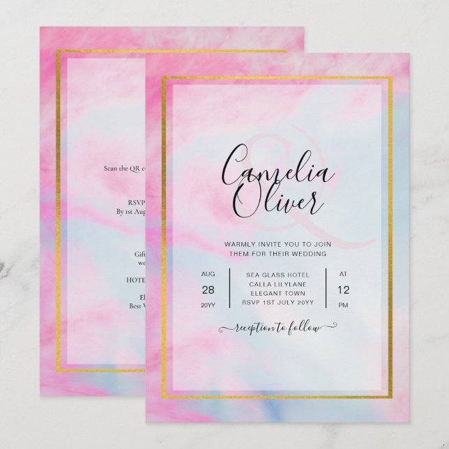 Invitación LeahG Pink Aqua Blue Gold INVITE (Anverso / Reverso)