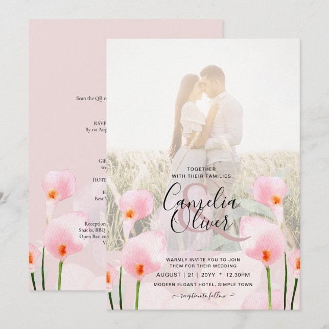 Invitación LeahG Pink Calla Lily FOTO Overlay Wedte Invite de (Anverso / Reverso)