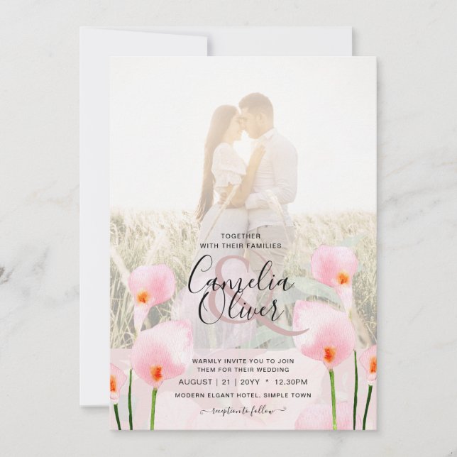 Invitación LeahG Pink Calla Lily FOTO Overlay Wedte Invite de (Anverso)
