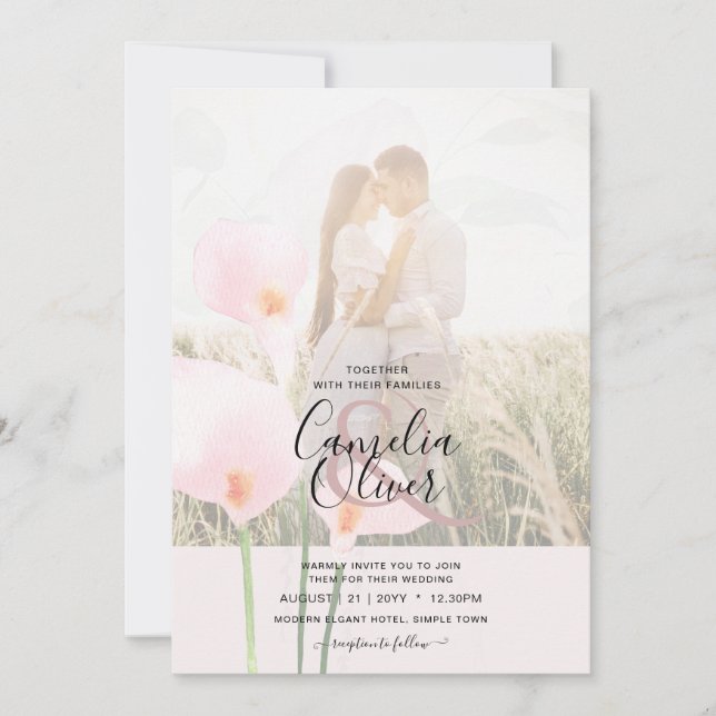 Invitación LeahG Pink Calla Lily FOTO Overlay Wedte Invite de (Anverso)