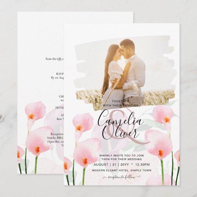 Invitación LeahG Pink Calla Lily FOTO Overlay Wedte Invite de (Anverso / Reverso)