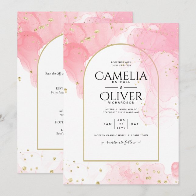 Invitación LeahG PINK GOLD INK Resumen de boda (Anverso / Reverso)