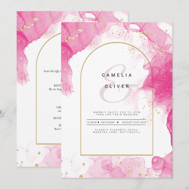 Invitación LeahG PINK GOLD INK Resumen de boda (Anverso / Reverso)