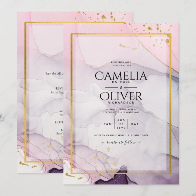 Invitación LeahG Pink Purple Lavender Gold TINK Wedding INVIT (Anverso / Reverso)