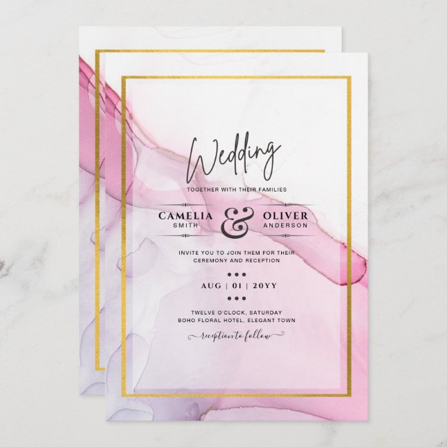 Invitación LeahG PINK Púrpura Tinta Resumen Boda INVITE (Anverso / Reverso)