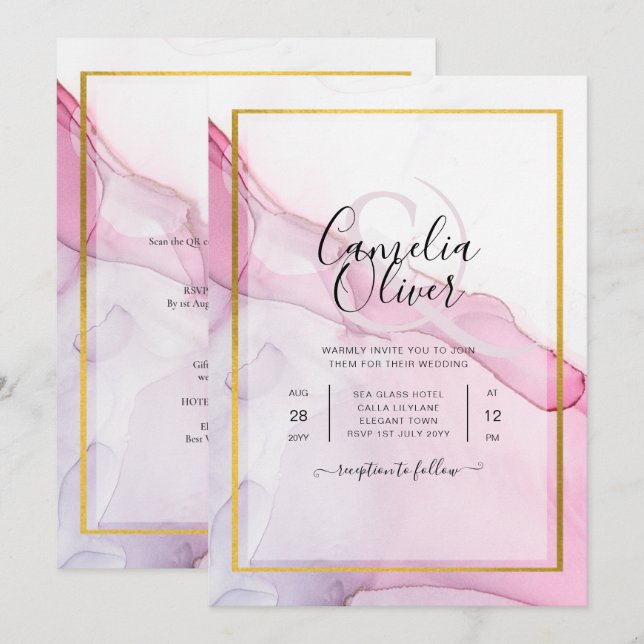 Invitación LeahG PINK Púrpura Tinta Resumen Boda INVITE (Anverso / Reverso)