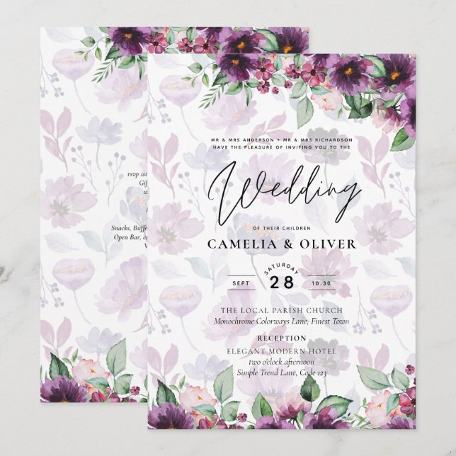 Invitación LeahG Plum Purple Berry Boda Floral Caer Invierno (Anverso / Reverso)