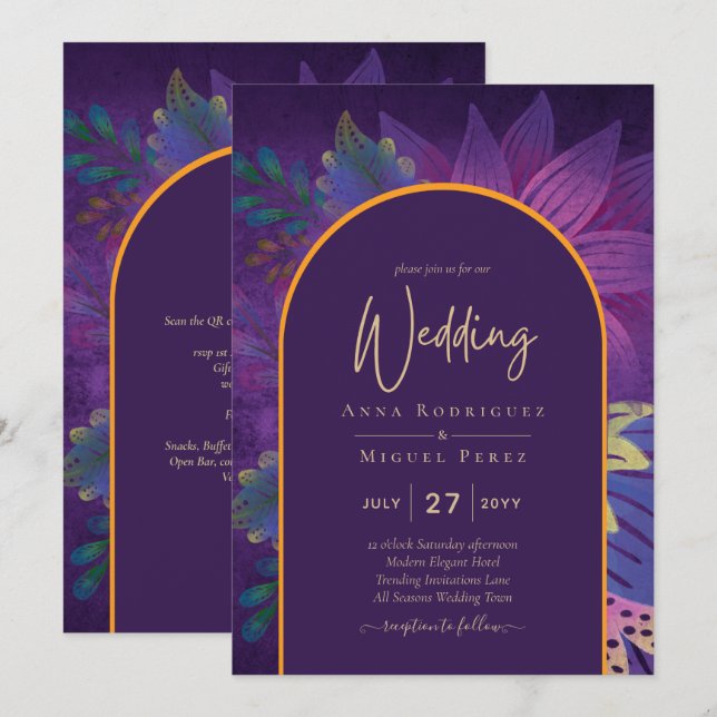 Invitación LeahG Plum Purple Gold JEWEL TONES Wedding INVITE (Anverso / Reverso)