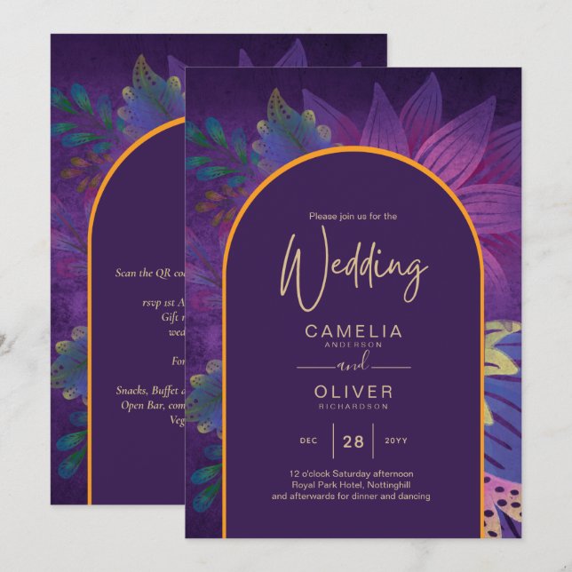 Invitación LeahG Plum Purple Gold JEWEL TONES Wedding INVITE (Anverso / Reverso)
