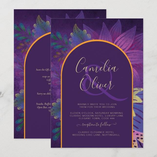 Invitación LeahG Plum Purple Gold JEWEL TONES Wedding INVITE (Anverso / Reverso)