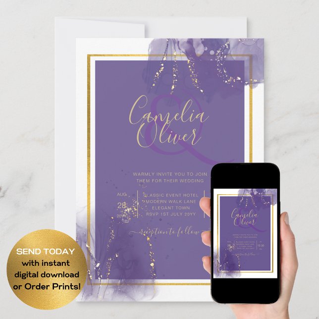 Invitación LeahG PURPLE GOLD Boda Lavender ALCOHOL INK (Subido por el creador)