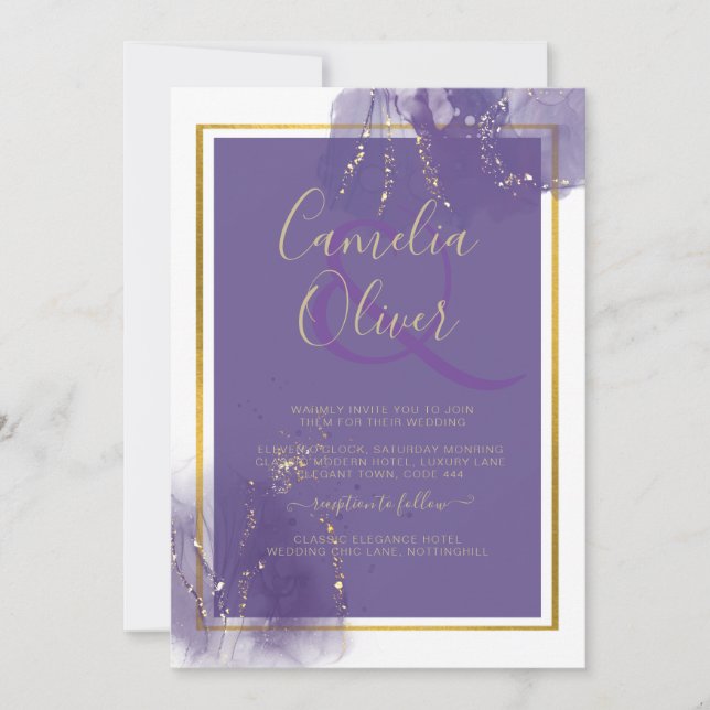 Invitación LeahG PURPLE GOLD Boda Lavender ALCOHOL INK (Anverso)