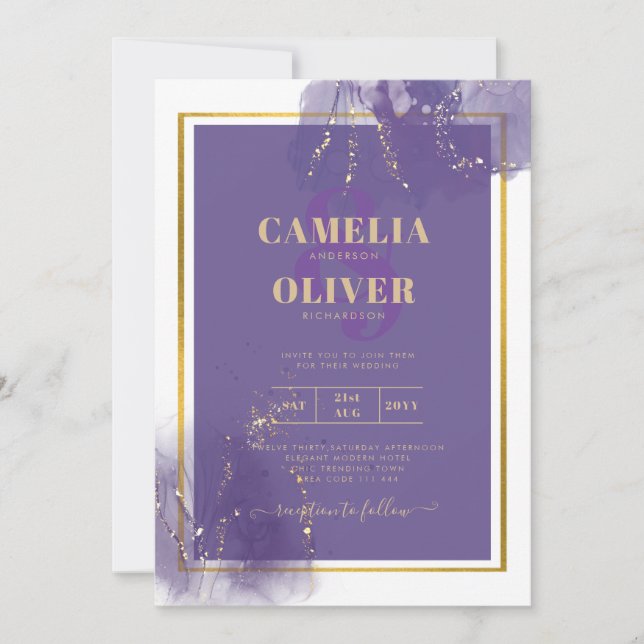 Invitación LeahG PURPLE GOLD Boda Lavender ALCOHOL INK (Anverso)