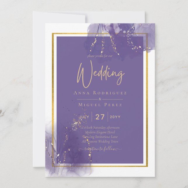 Invitación LeahG PURPLE GOLD Boda Lavender ALCOHOL INK (Anverso)