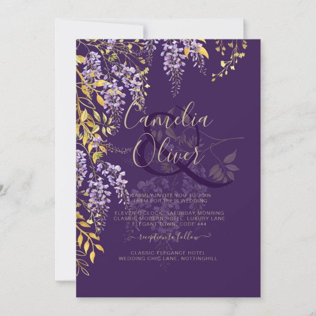 Invitación LeahG Purple Gold WISTERIA Floral Wedding INVITE (Anverso)