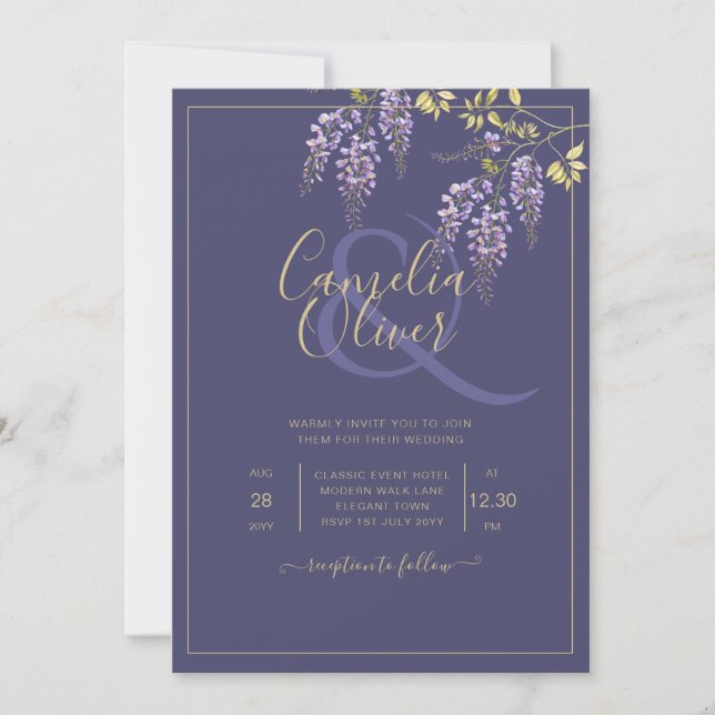 Invitación LeahG Purple Gold WISTERIA Floral Wedding INVITE (Anverso)
