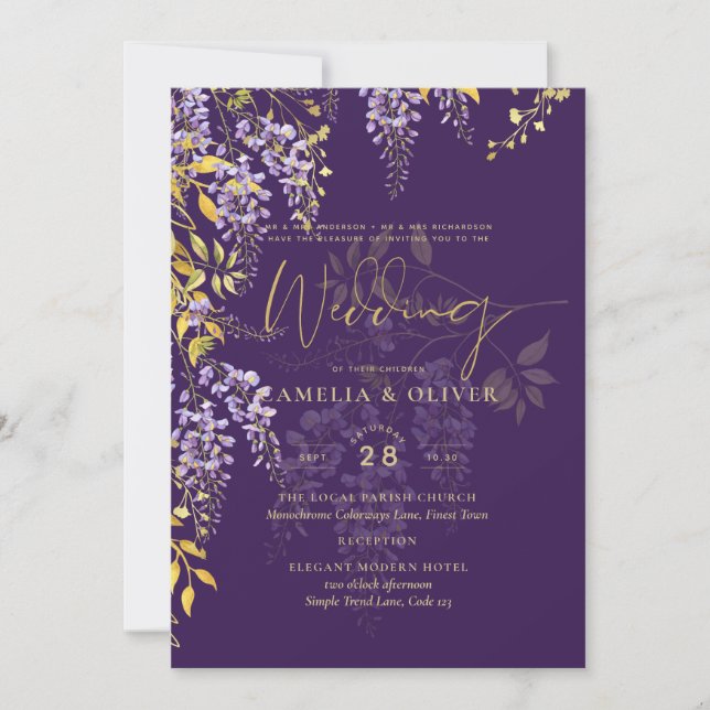 Invitación LeahG Purple Gold WISTERIA Floral Wedding INVITE (Anverso)