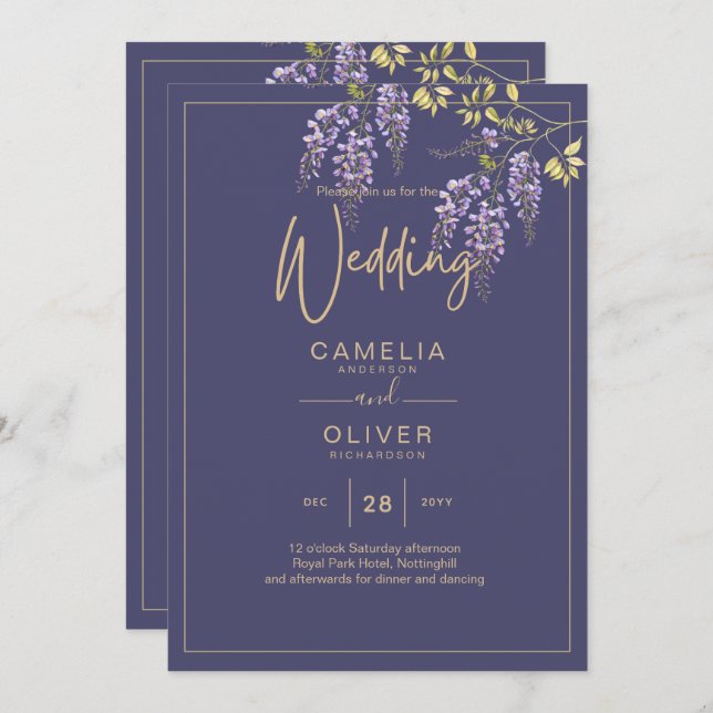 Invitación LeahG Purple Gold WISTERIA Floral Wedding INVITE (Anverso / Reverso)