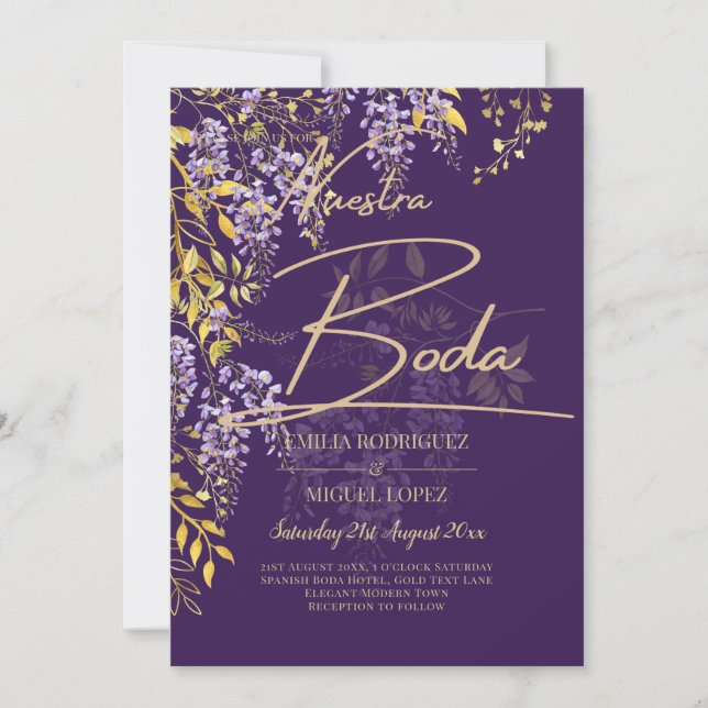 Invitación LeahG Purple Gold WISTERIA Floral Wedding INVITE (Anverso)